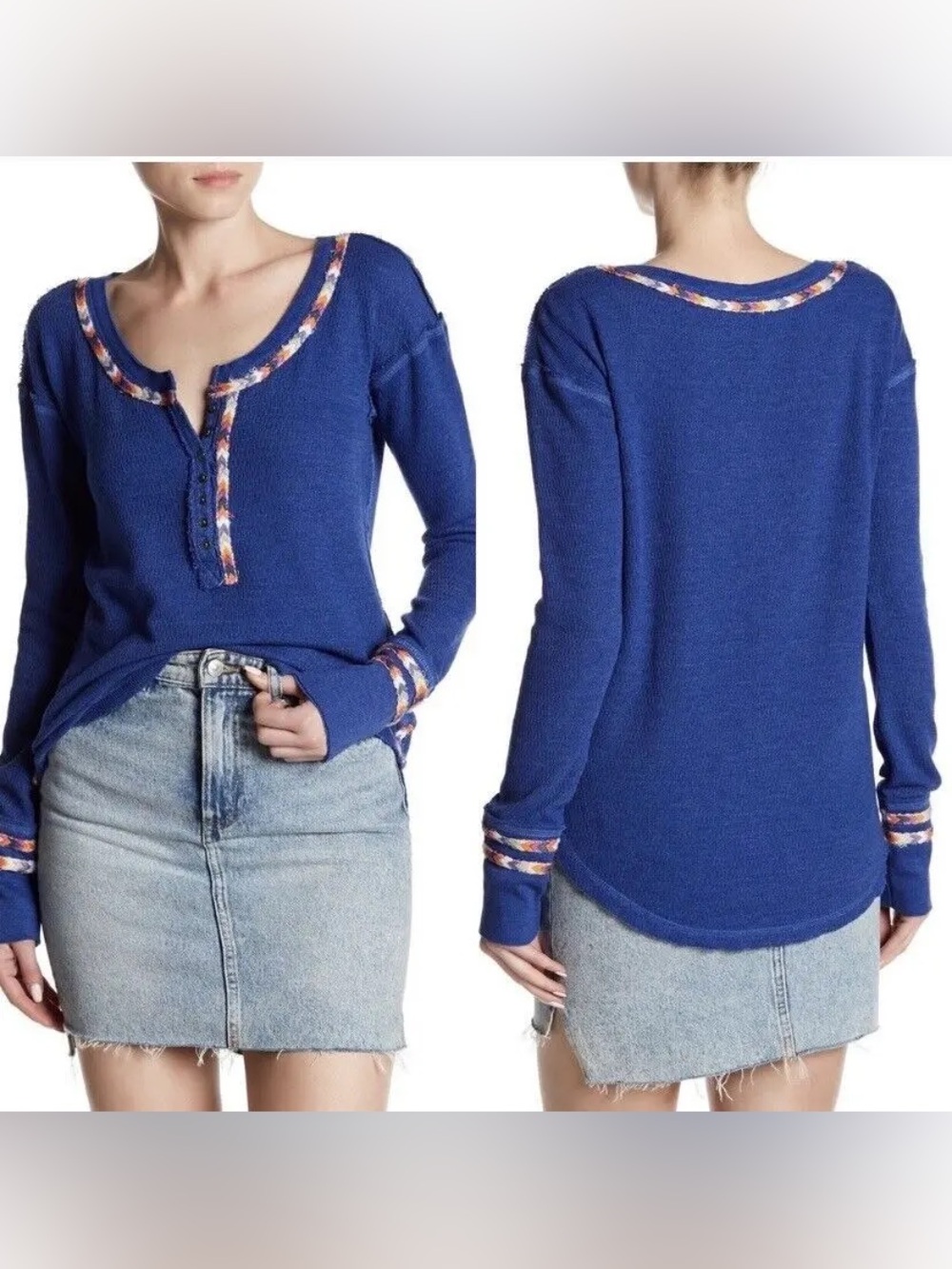 We The Free Royal Blue Long-Sleeve Henley with Multicolor Contrast Trim